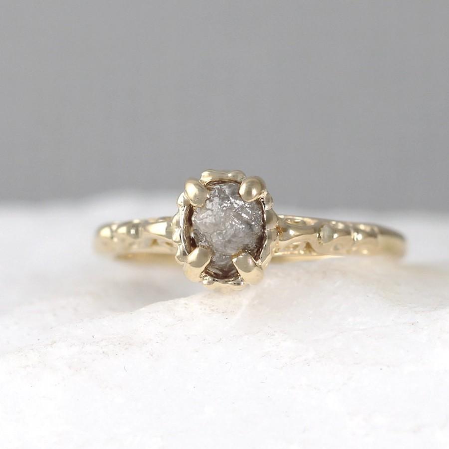 Wedding - Raw Diamond Ring -14K Yellow Gold - Antique Styled Engagement Ring - April Birthstone Rings - Conflict Free Uncut Rough Raw Gemstone Rings
