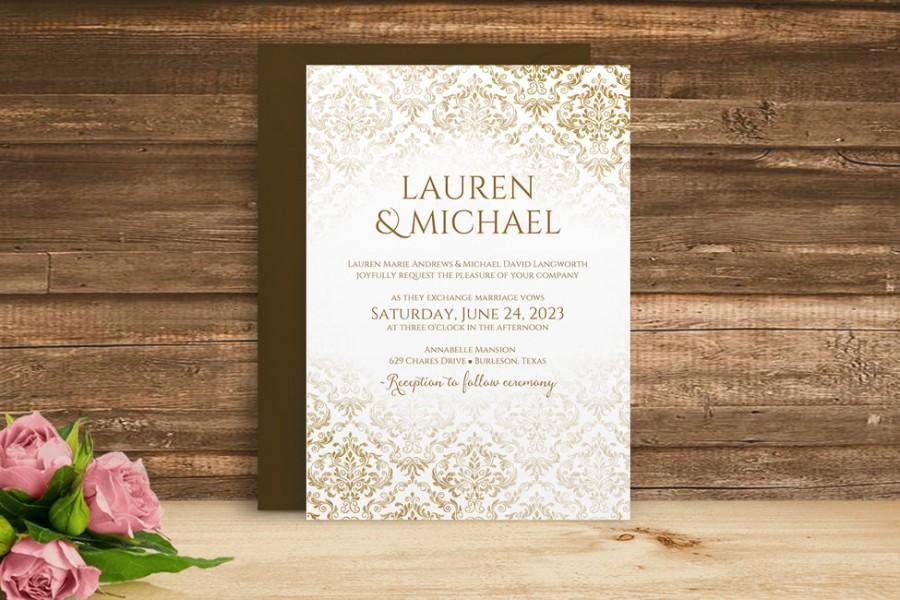 Mariage - DiY Wedding Invitation Template - INSTANT Download- EDITABLE TEXT - Faded Damask (Gold Glitter)  - Microsoft® Word Format