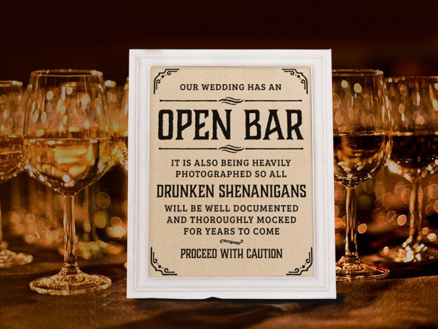 Wedding - Wedding open bar sign. Rustic wedding decor. Wedding reception. Kraft paper printable wedding bar decorations. 16x20, 8x10, 5x7 prints