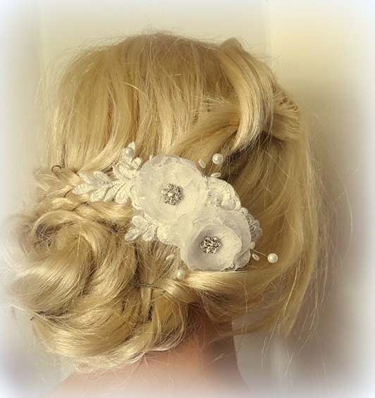 زفاف - Bridal Hair Comb, Chiffon Floral Hair Clip,Wedding Fascinator, Lace Pearl Hair Comb, Bridal Hair Clip,Bridal Comb,White Bridal Comb