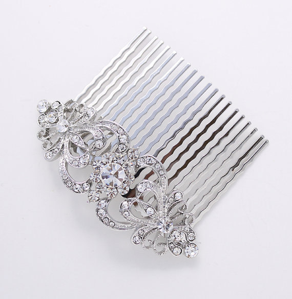 Mariage - Hair Comb Bridal Rhinestone Hair Piece Wedding Jewelry Crystal Silver Hair Comb Gatsby Old Hollywood Headpiece
