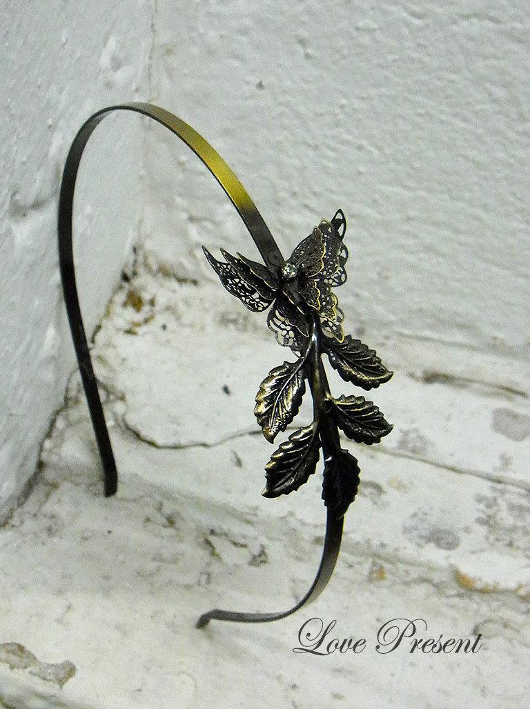 Wedding - Butterfly Headband with Swarovski crystal art nouveau vintage style elegant bridal hair accessory - Color Anti Brass