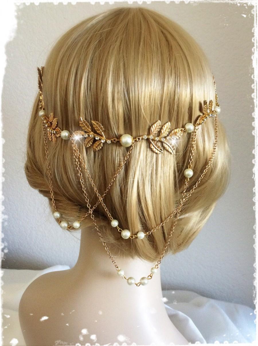 Hochzeit - Greek Goddess Laurel Leaf Crown-Bridal Gold Leaf Head Wrap Halo-Wedding Grecian Gold Leaf Headpiece-Art Deco Gold Leaf Hair Wrap-"APHRODITE"