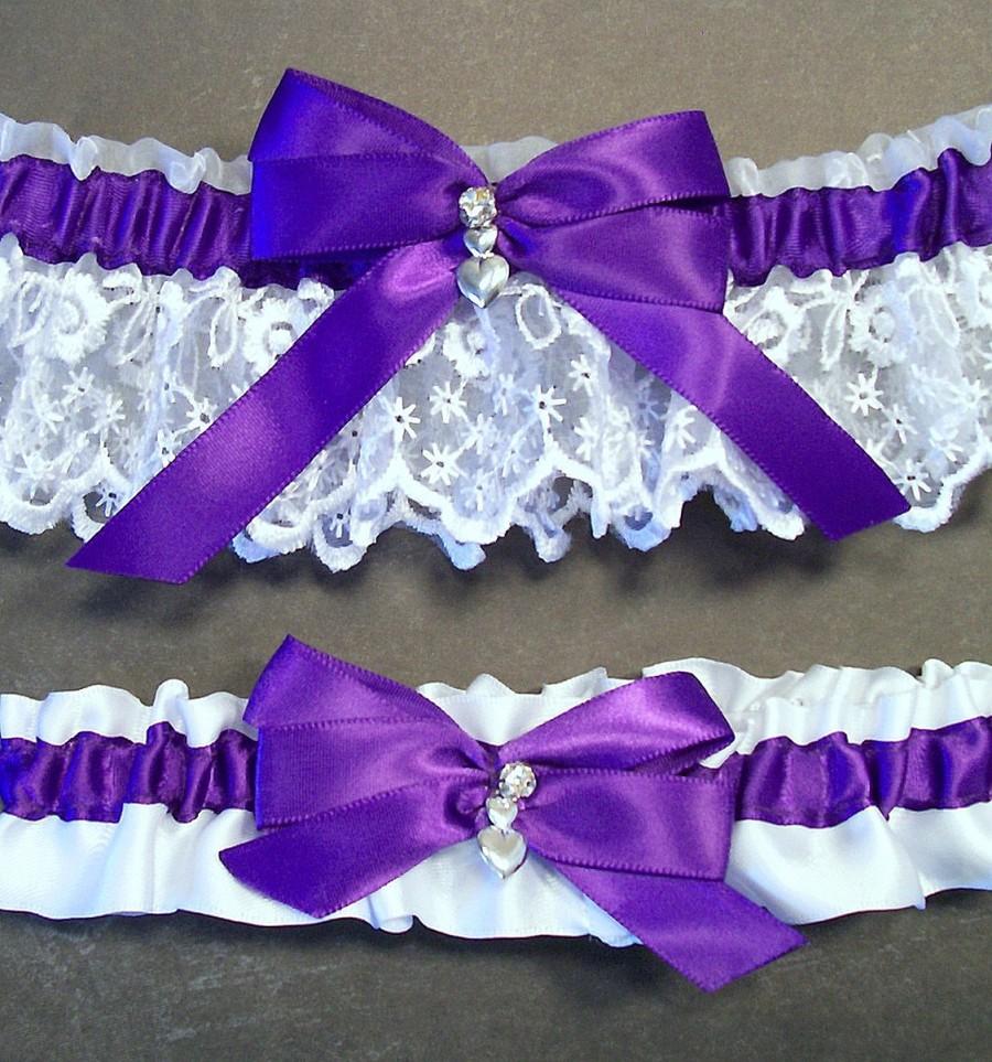 Hochzeit - Regal Purple on White Wedding Garter Set Bridal Garter Set, Keepsake Garter Toss Garter Bow with Rhinestone & Hearts Charm