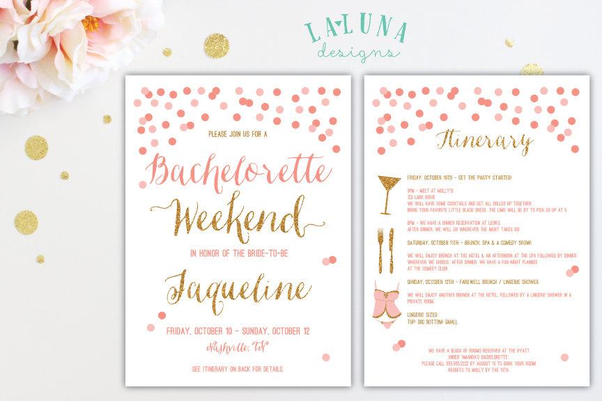 Свадьба - Bachelorette Party Invitation with Itinerary, Bachelorette Weekend Invitation, Glitter Bachelorette Invitation, Hens Party Invitation