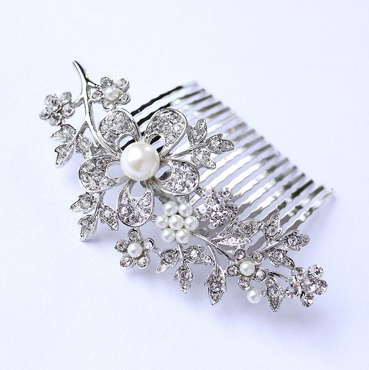 Mariage - Crystal Pearl Hair Comb Wedding Jewelry Bridal Hairpiece Rhinestone Combs Gatsby Old Hollywood Wedding Headpiece Jewelry
