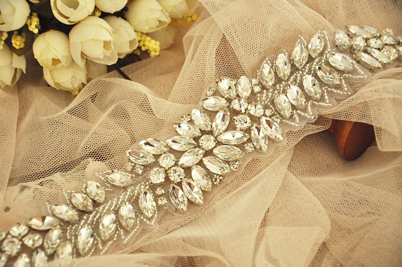 Wedding - Crystal Beaded Rhinestone Applique Bridal Sash Wedding Gown Belt Applique