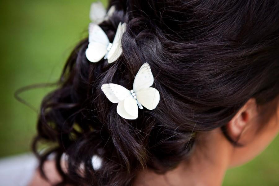 Hochzeit - Hand Cut silk butterfly hair pins - Trio of Cream sparkles