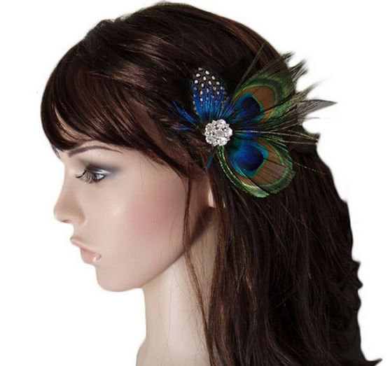 Hochzeit - Peacock Feather Sparkling Rhinestones Bridal Wedding Hair Clip Hair Accessory
