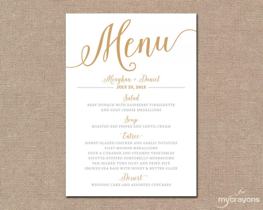 Gold Wedding Menu Card Printable Wedding Menu Bella Script