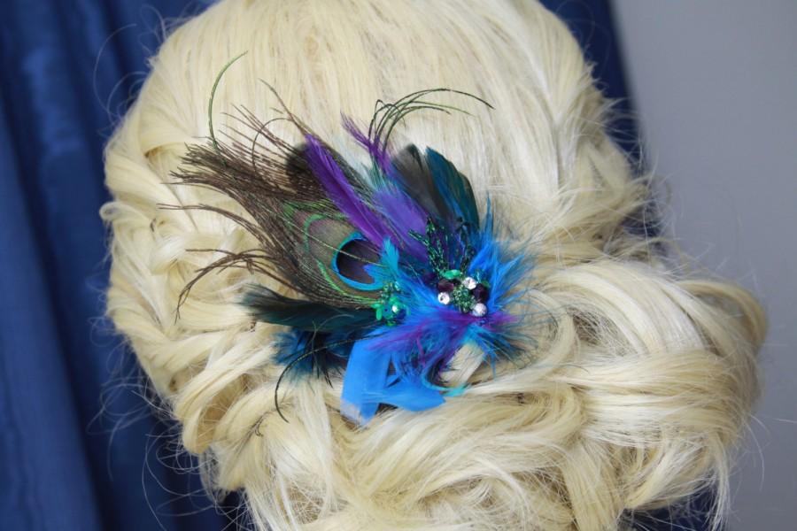 Mariage - Peacock Hairpiece, Teal Hairpiece,Royal Blue Hairpiece, Bridal Accessory, Wedding Headpiece, Feathered Fascinator, Bridal Hairpin