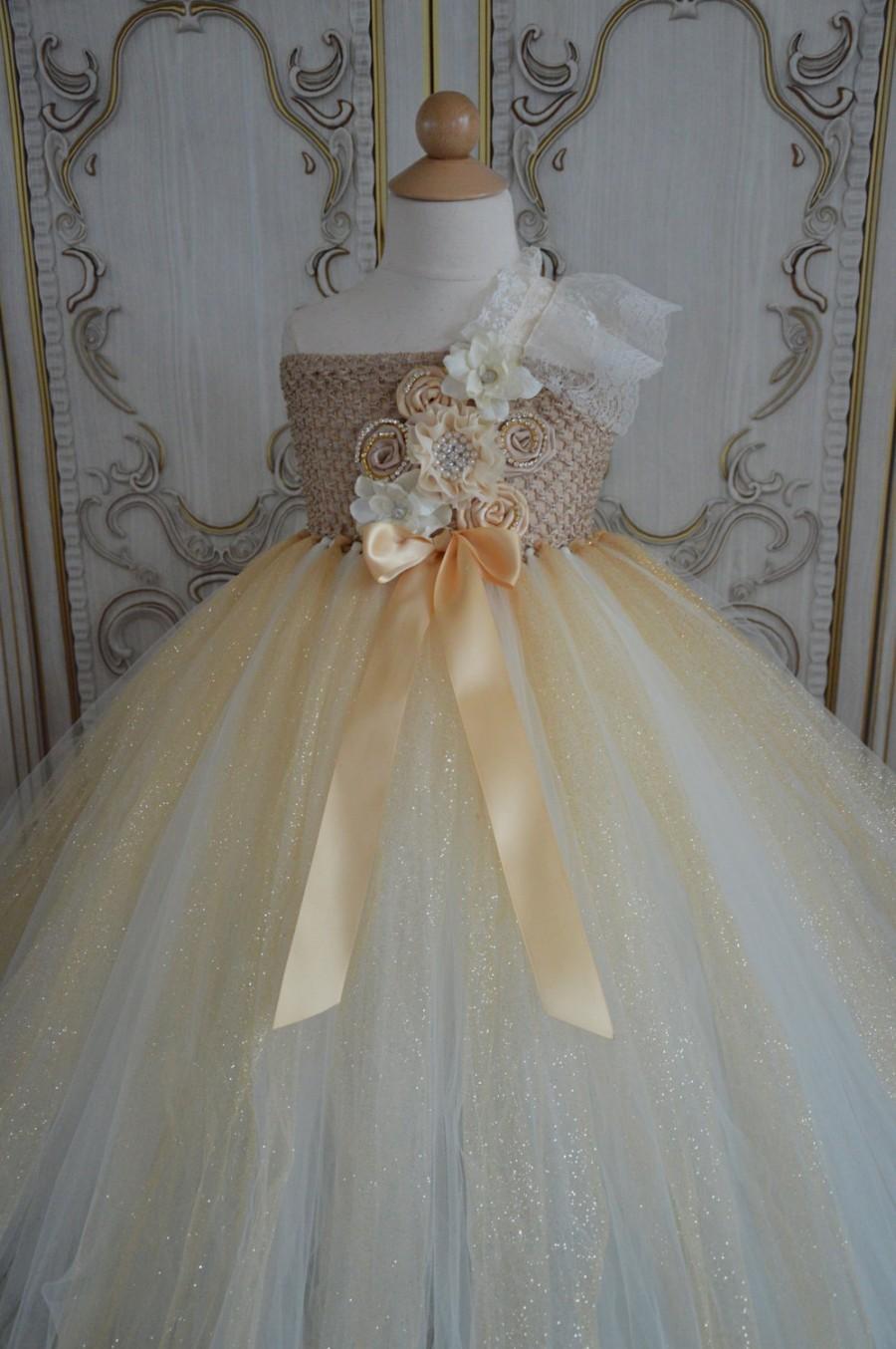 Hochzeit - Gold and Ivory flower girl tutu dress