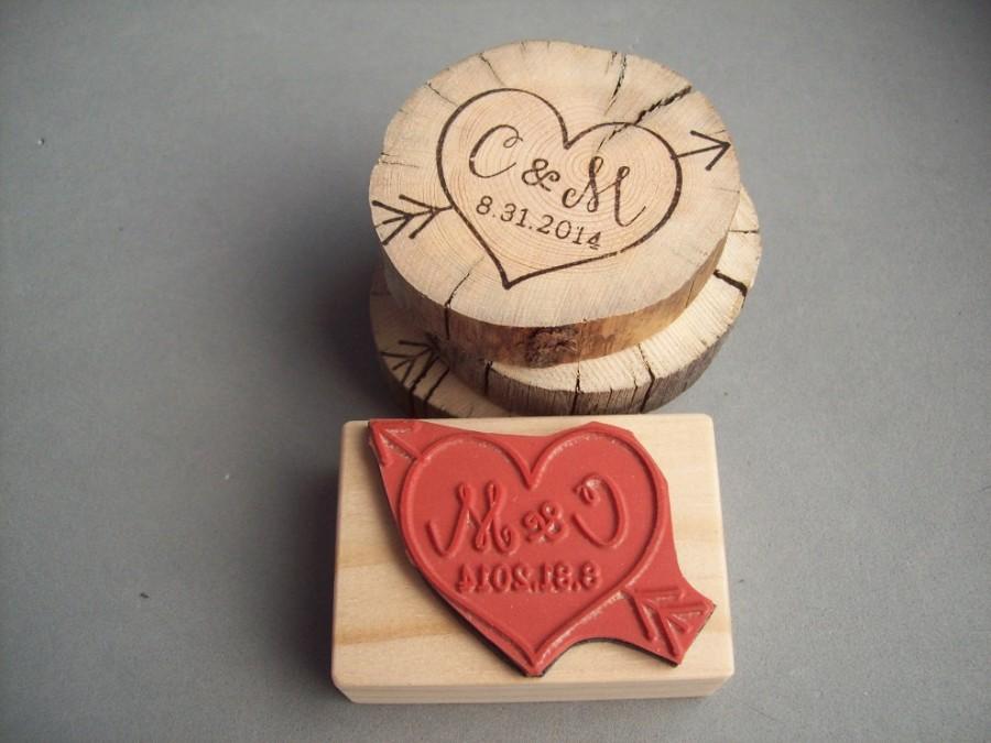 زفاف - Cupid Heart Arrow Stamp with Personalized Initials and Date - Save the Date, Weddings, Anniversary, Woodland Wedding Rubber Stamp