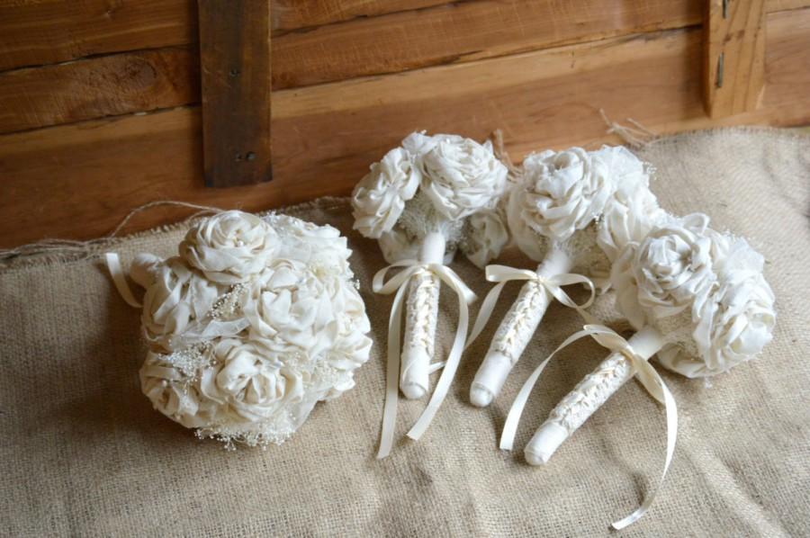 Mariage - Ivory Wedding Bouquet Set Bride and Bridesmaid Shabby Chic Rustic Romance Peony Flowers Pearls Custom