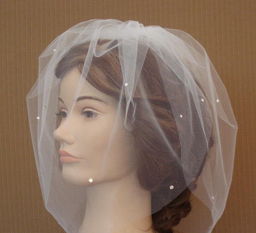 Mariage - Double Layer Tulle Birdcage Veil with Scattered Swarovski Rhinestones in Ivory, White, Blush, or Champagne - READY TO SHIP in 3-5 Days