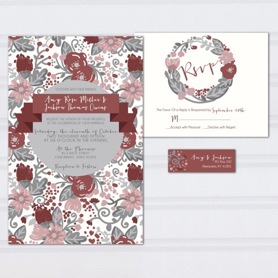 Hochzeit - Floral Pattern Wedding Invitations, Marcala Wine Wedding Invites, Burgundy and Gray, Hipster Doodle Wedding Stationery, Cheap Invites