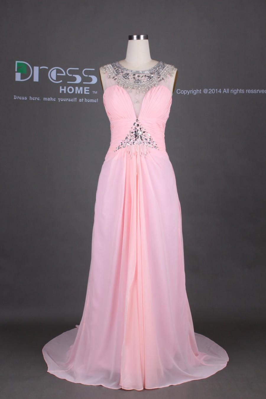 Wedding - Pink Round Neck Beading Long Prom Dress/See Through Open Back Chiffon Prom Dress/Sexy Long Party Dress/Evening Gown/Prom Dresses DH371