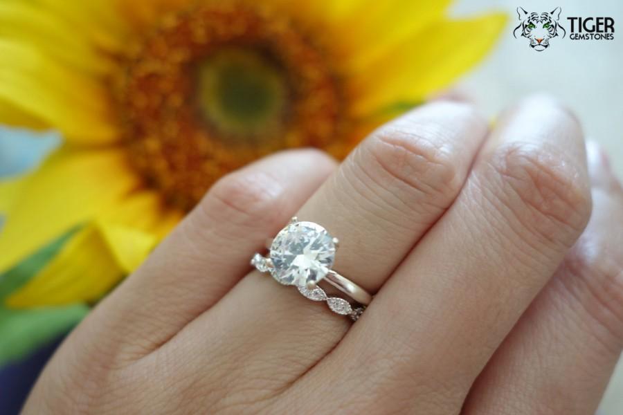 Wedding - SALE 2 Carat Art Deco Round Solitaire Wedding Set, Man Made Diamond Simulants, Engagement Ring, Promise Ring, Bridal Ring, Sterling Silver