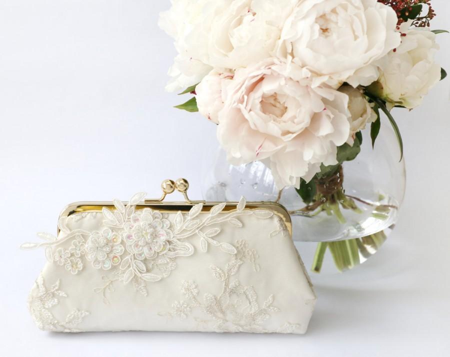 زفاف - Alencon Lace Bridal Clutch with beaded sequins embroidery in Ivory 8-inches