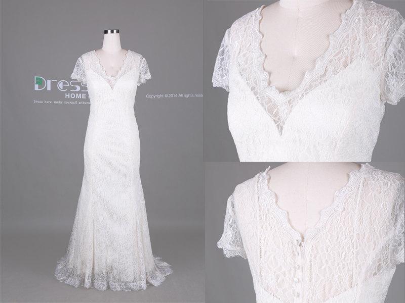 زفاف - Elegant White V Neck Short Sleeves Lace Mermaid Wedding Dress/White Lace Wedding Dress/Simple Wedding Gown/Mermaid Beach Bridal Dress DH377