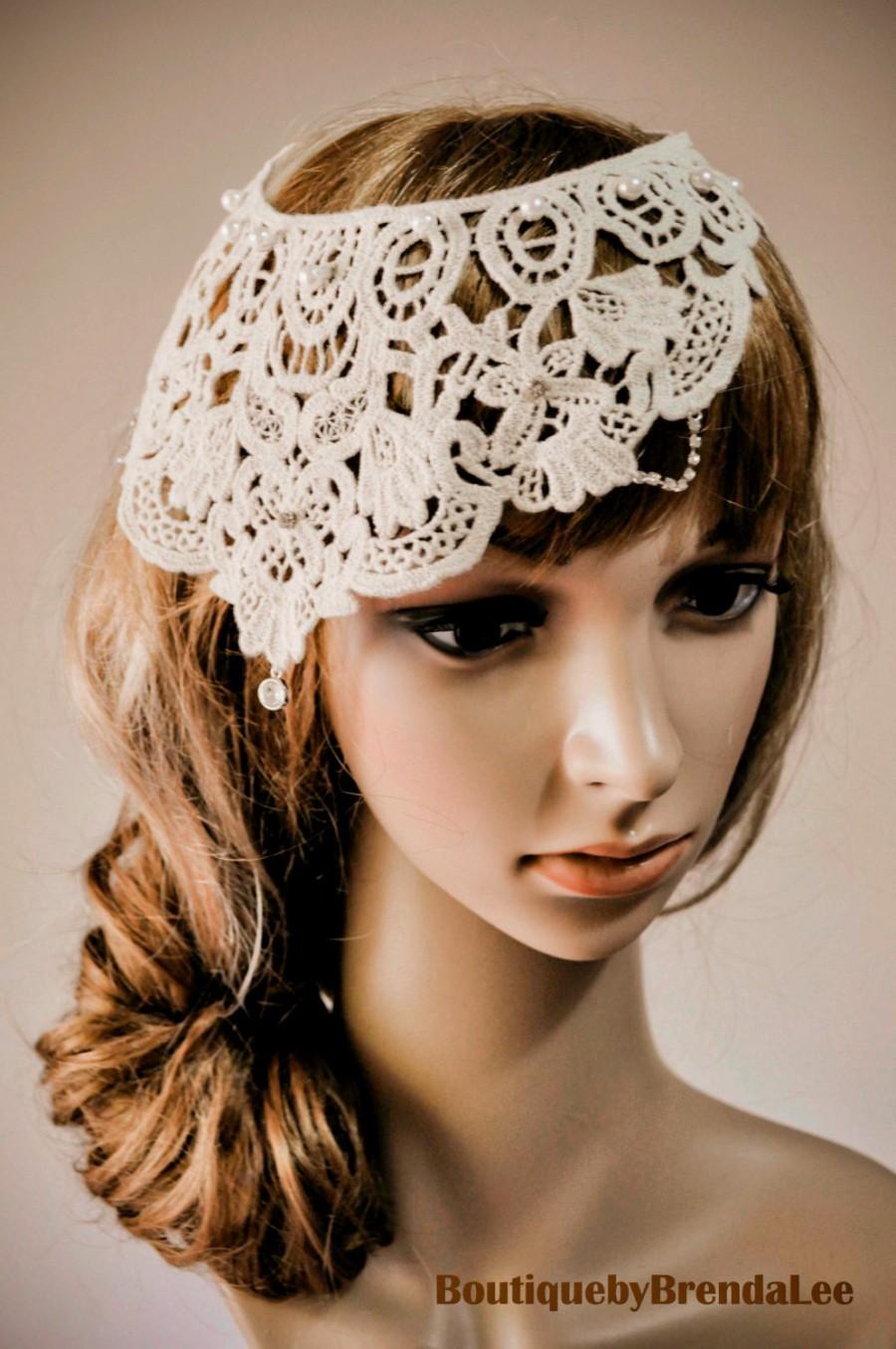 Hochzeit - BRENDA LEE Cream/ivory Juliet cap lace trim headpiece/boho/headwrap hat/antique/vintage/wedding hair accessory/bride/cottage v tie/beige