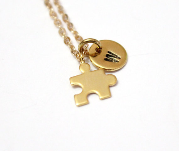 Wedding - Puzzle Piece Necklace, Gold Jigsaw Puzzle Piece Charm, Initial Necklace, Personalized Stamped Initial, Monogram Necklace, Graduation Gift