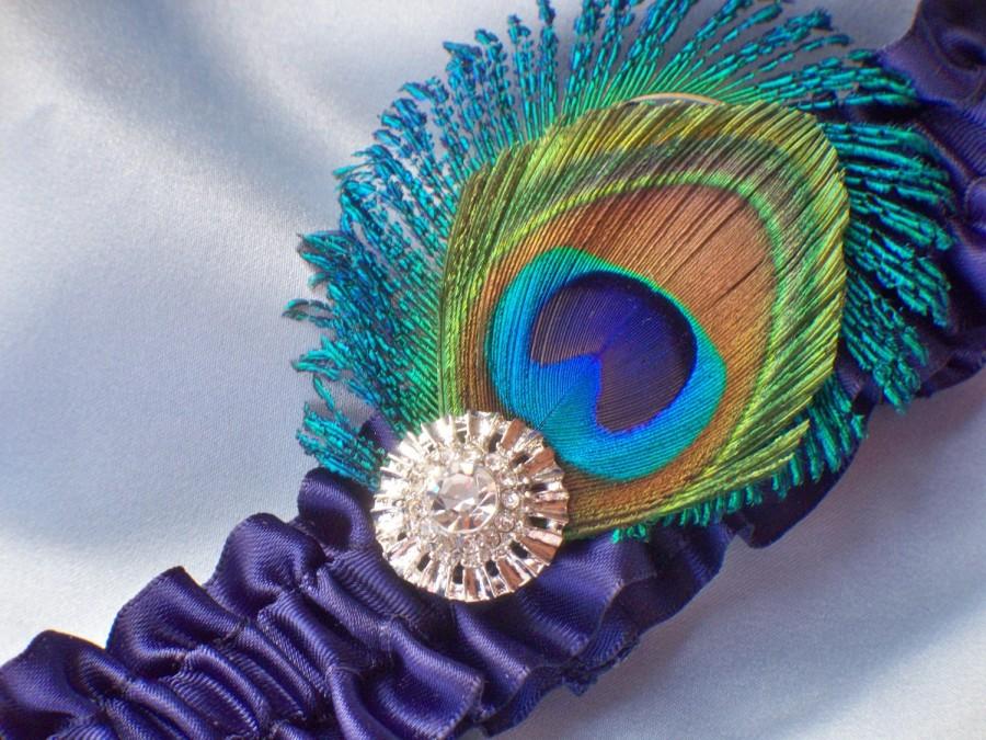 Hochzeit - Navy Peacock Garter Blue Accented Bridal Wedding Peacock Feather Garter