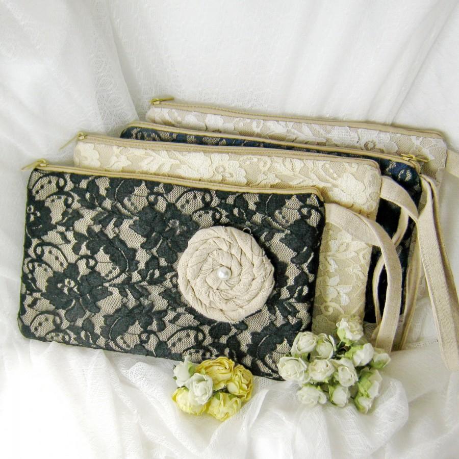زفاف - Set of 4 Bridesmaid clutch, cotton linen lace clutch, wedding purse bag (Ref: CL905) CHOOSE your color