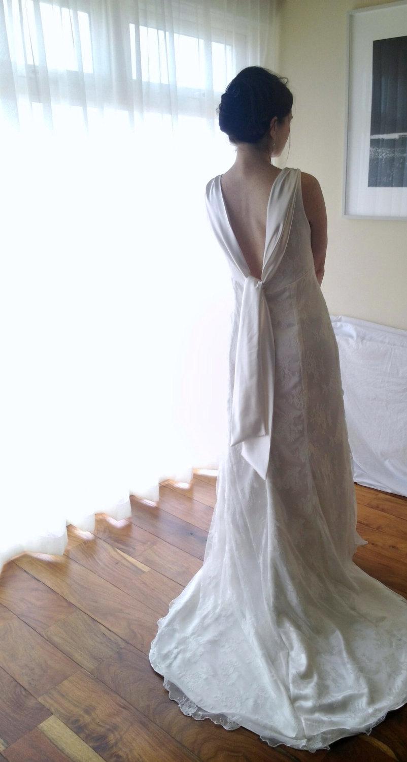 Wedding - Hand Made, Elegant, Classic, Princess Cut, Cream Satin Wedding Dress, Lace Overlay, Open Back