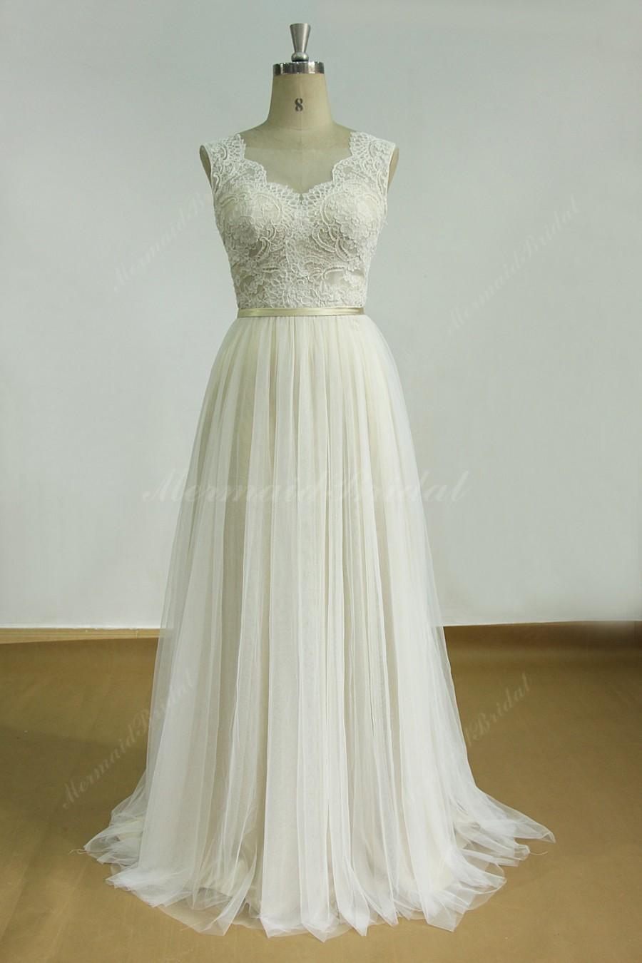 Mariage - Romantic Ivory Backless tulle lace wedding dress with champange lining