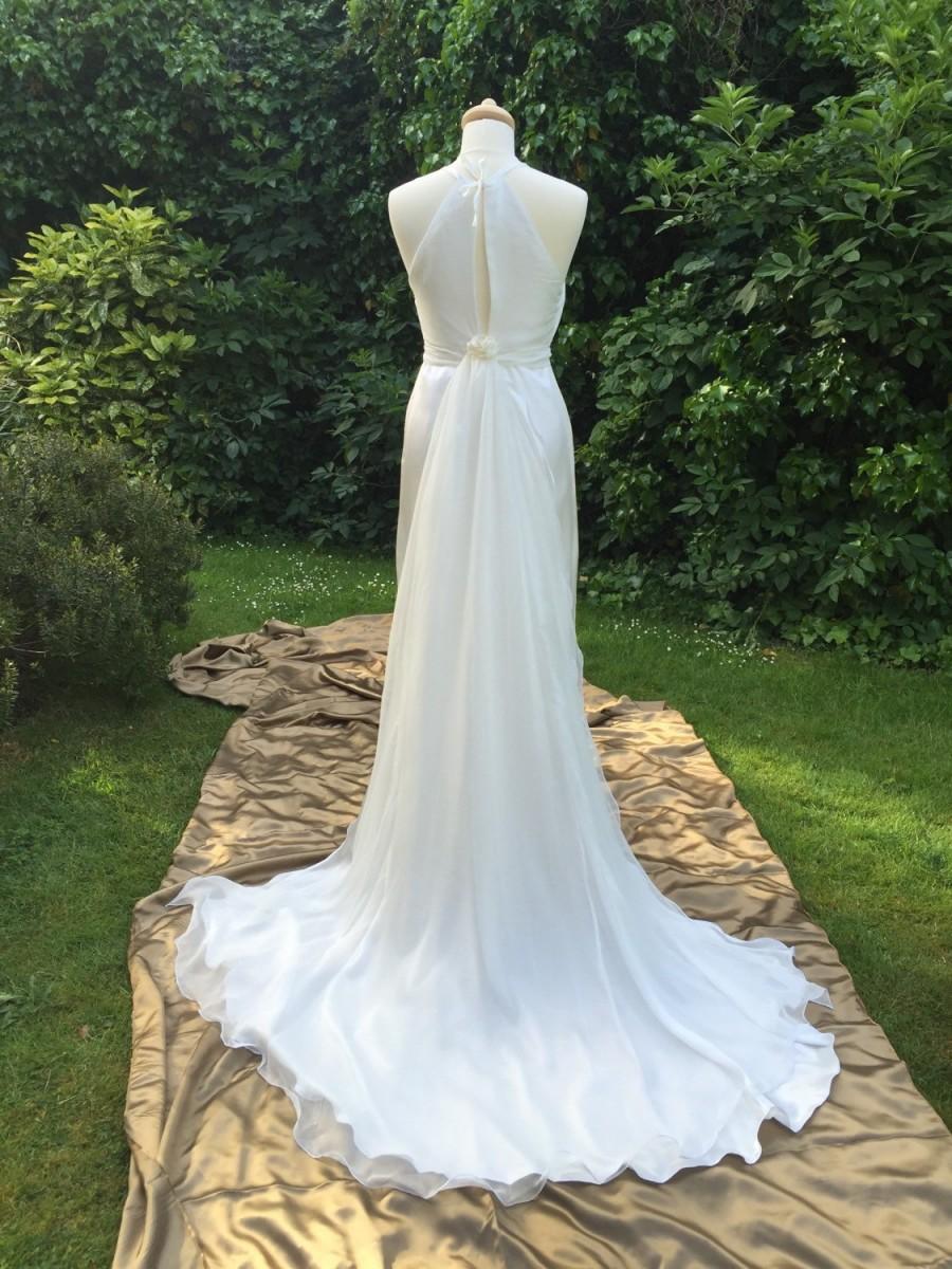 زفاف - Pure Silk Ivory Wedding Dress, Removable Train, Halter Neck