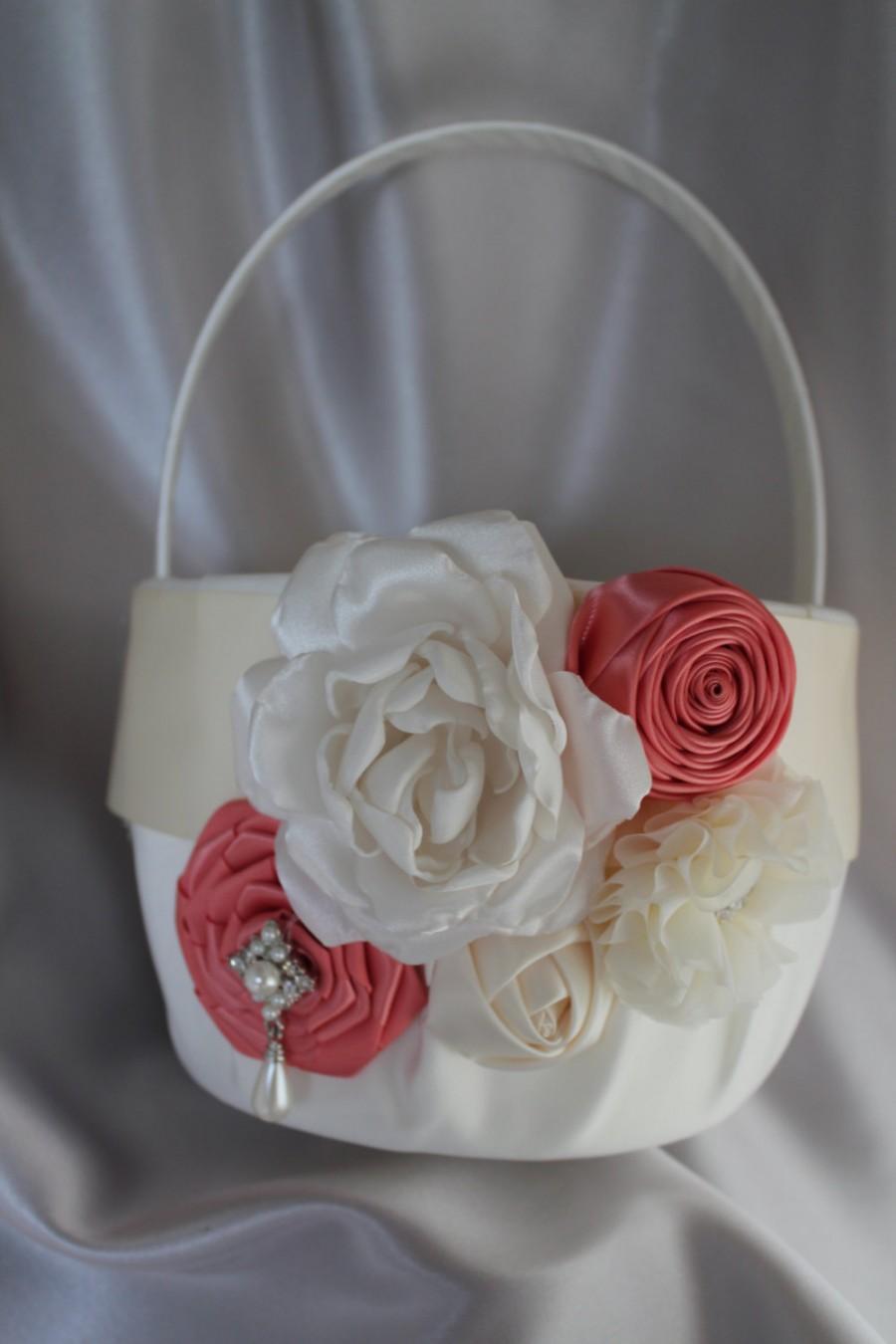 Wedding - Large-White or Ivory Flower Girl Basket-Coral-Custom Colors-Flower Girls Age 8+