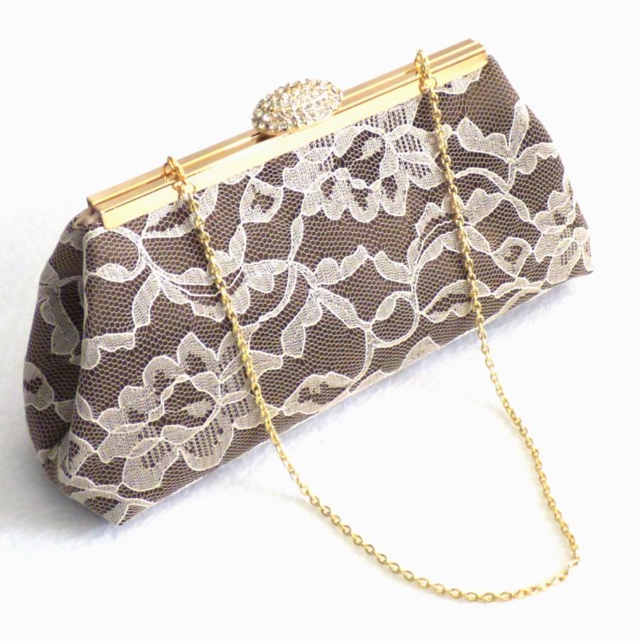 Hochzeit - Bridesmaid Gift Clutch, Champagne And Chocolate Embroidered Bridal Clutch, Bridal Shower Gift, Wedding Clutch, Mother Of The Bride Gift