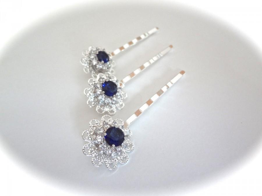 Hochzeit - Sapphire blue cubic zirconia hair pin ~ Brides hair pin ~ Wedding hair accessories ~ Something blue ~ Hair Jewelry ~ KATE
