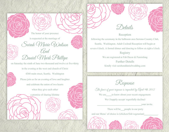 Wedding - Printable Wedding Invitation Suite Printable Invitation Rose Wedding Invitation Flower Pink Invitation Download Invitation Edited jpeg file