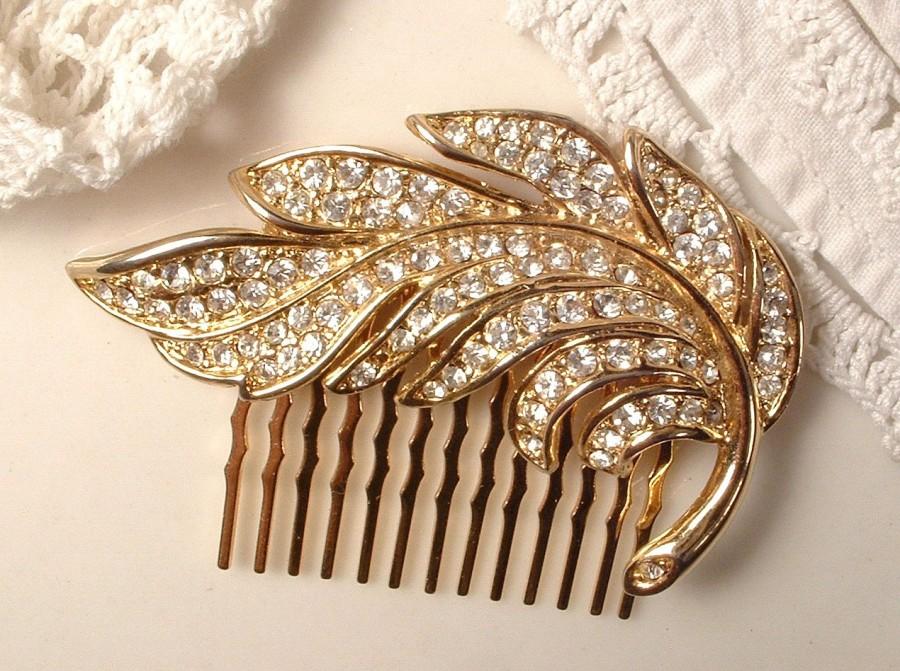 زفاف - Gold Leaf Bridal Hair Comb, Clear Crystal Leaves / Feather Brooch to Head Piece, Art Deco Vintage Pave Rhinestone Rustic Chic Autumn Wedding