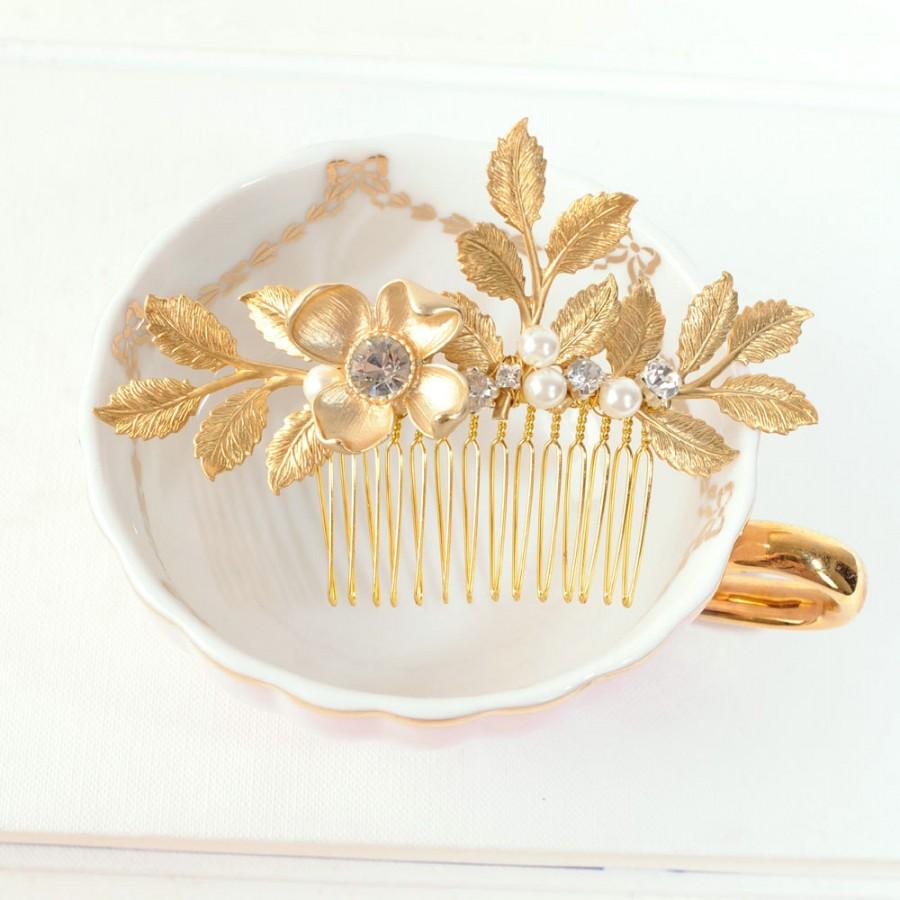زفاف - Gold Bridal Hair Piece, Gold Leaf Hair Comb, Woodland Wedding Hair Accessory, Leaf and Flower Hair Piece, Grecian Headpiece, Pearl Comb
