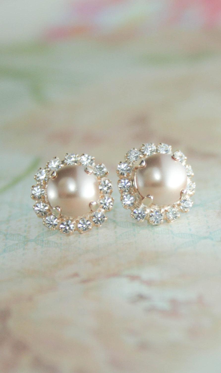 Mariage - rose gold pearl earrings,rose gold wedding jewelry,rose gold earrings.rose gold bridal earrings,rose gold stud pearl earrings,pearl earrings