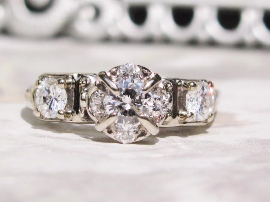 Wedding - New Year Sale! Vintage Halo Design Engagement Ring 0.74ctw Diamond Wedding Ring 14K White Gold Ring Size 8 With Certified Appraisal!
