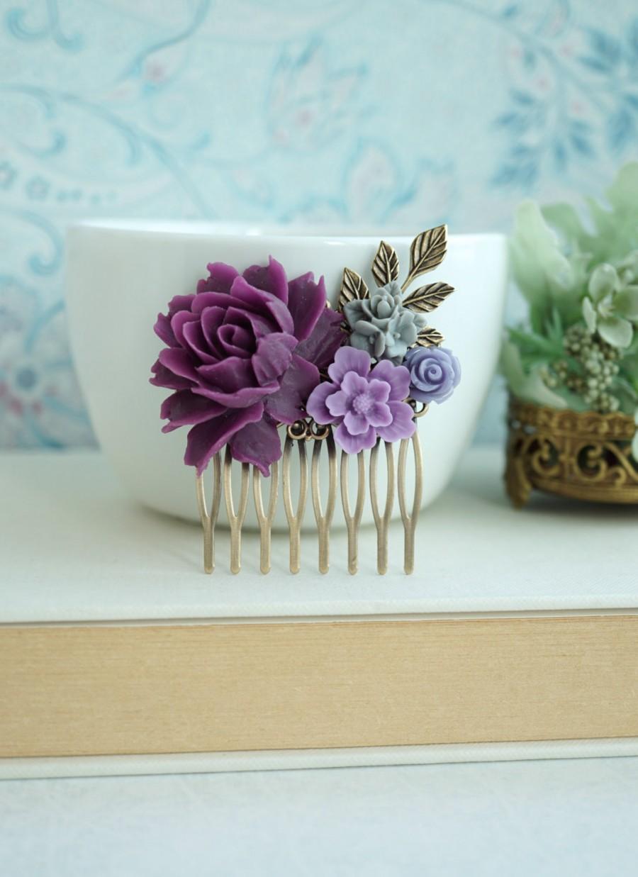 زفاف - Purple Amethyst, Lavender, Grey Flower, Purple Rose, Brass Leaf, Wedding Hair Comb. Bridesmaids Gift, Purple Rustic Nature. Purple Wedding