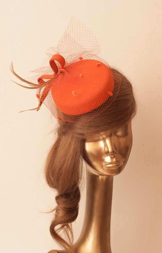 Wedding - Amazing Orange Fur Felt FASCINATOR with VEIL Mini Hat for Women Orange Fur Felt Cocktail Hat