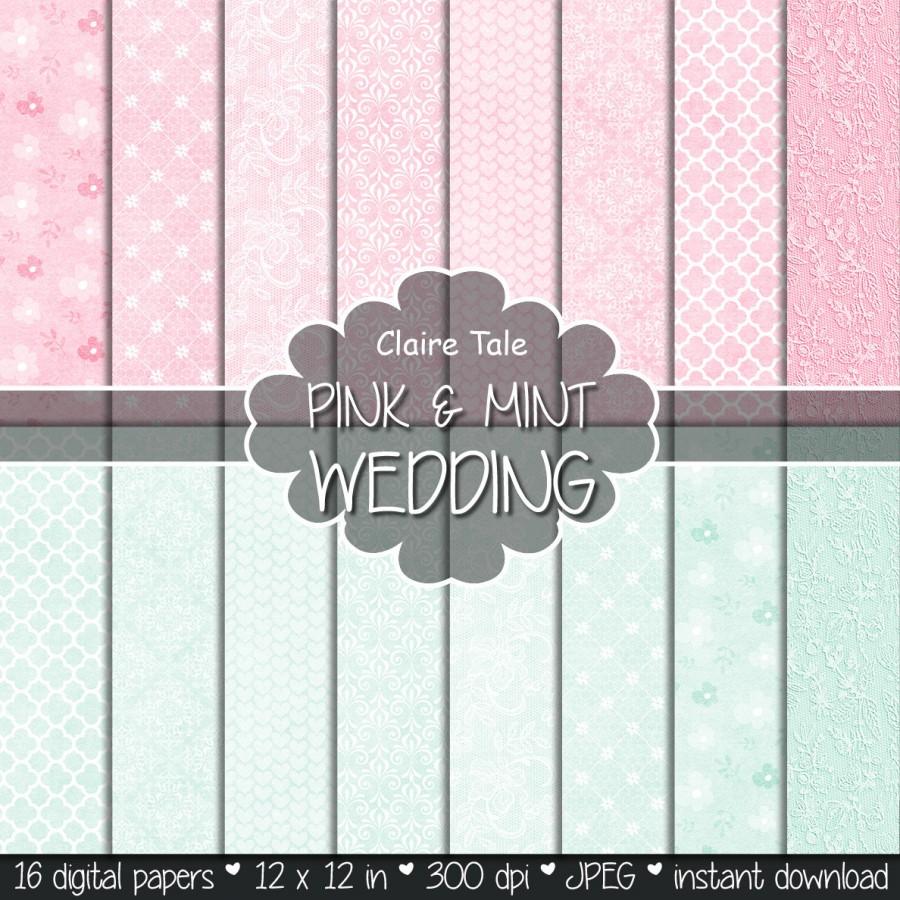 زفاف - Wedding digital paper: "PINK & MINT WEDDING" with damask, quatrefoil, roses, flowers, lace, hearts patterns / pink mint wedding background
