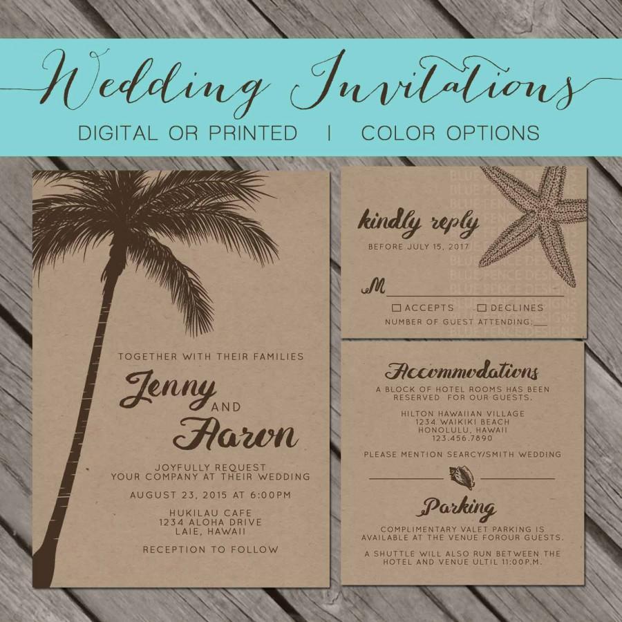 Свадьба - Beach Kraft Paper Wedding Invitation, palm trees, island, destination, seashell, starfish, Wedding Invitation, Printable, Template