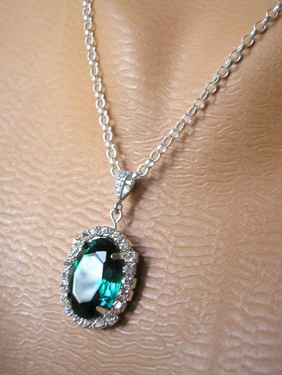 Wedding - EMERALD Pendant Green Rhinestone Necklace Emerald Bridal Set Wedding Jewelry Bridesmaid Gift Sterling Silver Necklace And Earrings Deco