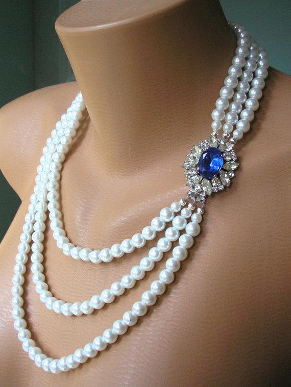 Mariage - SAPPHIRE NECKLACE, Pearl Necklace, Mother of the Bride, Great Gatsby, Statement Necklace, Wedding Necklace, Blue Bridal Jewelry, Art Deco