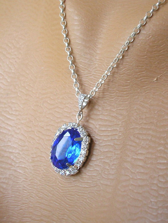 Wedding - SAPPHIRE Pendant Blue Rhinestone Necklace Sapphire Bridal Set Wedding Jewelry Bridesmaid Gift Sterling Silver Necklace And Earrings Deco