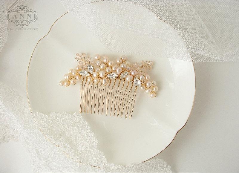 Hochzeit - Blush Pearl Hair Comb, Rhinestone and Pearl Bridal Hair Comb, Gold Hair Comb, Wedding Haircomb, Pearl Bridal Comb, Rhinestone Wedding Comb