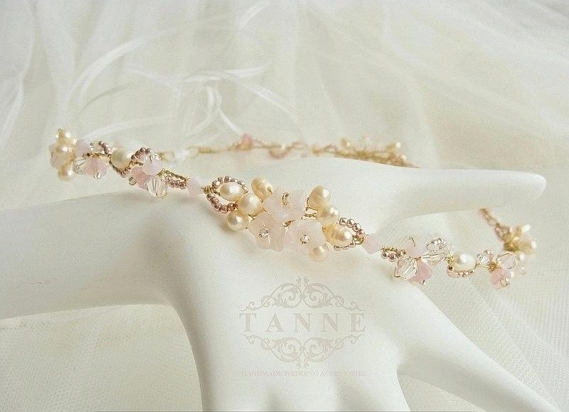 Свадьба - Bridal Floral Crown, Floral Hair Vine, Pearl Crystal Wedding Hair Crown, Bridal Hair Vine, Gold Wedding Crown, Blush Pink Floral Headband