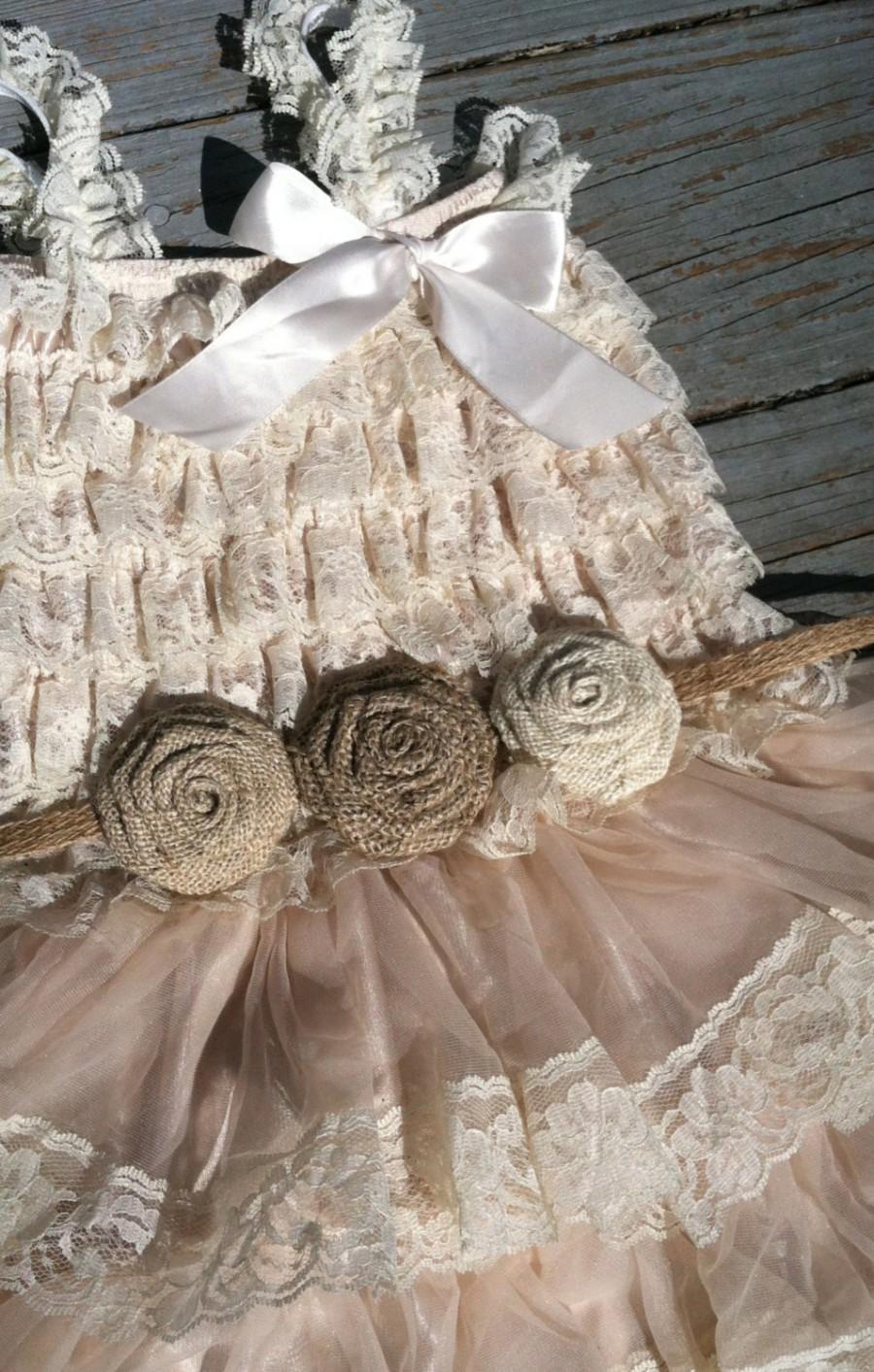 Mariage - Rustic Flower Girl Dress Lace Pettidress/Rustic Flower Girl Outfit/Wheat Cream Flowergirl/Country Wedding/Burlap/Jute Belt