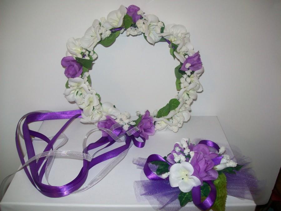 Wedding - Flower Girl's Halo, Crown, Wedding, Fairy, Purple Halo, Headpiece, White and Purple Flower Crown